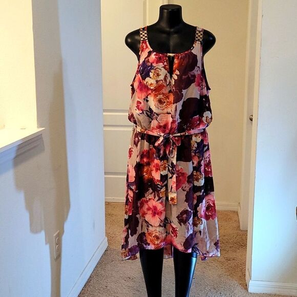 MIIE GABRIELLE MULTI-COLOR FLORAL PRINT DESIGN ROUNDNECK LINE SLEEVELESS DRESS - Picture 3 of 16